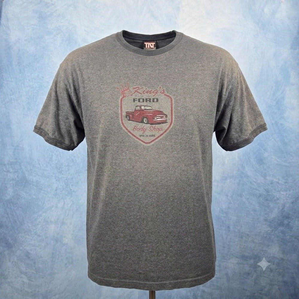 TNT Kings Ford Body Shop Graphic T-Shirt Mens XL Grey Vintage Truck Ringer Tee